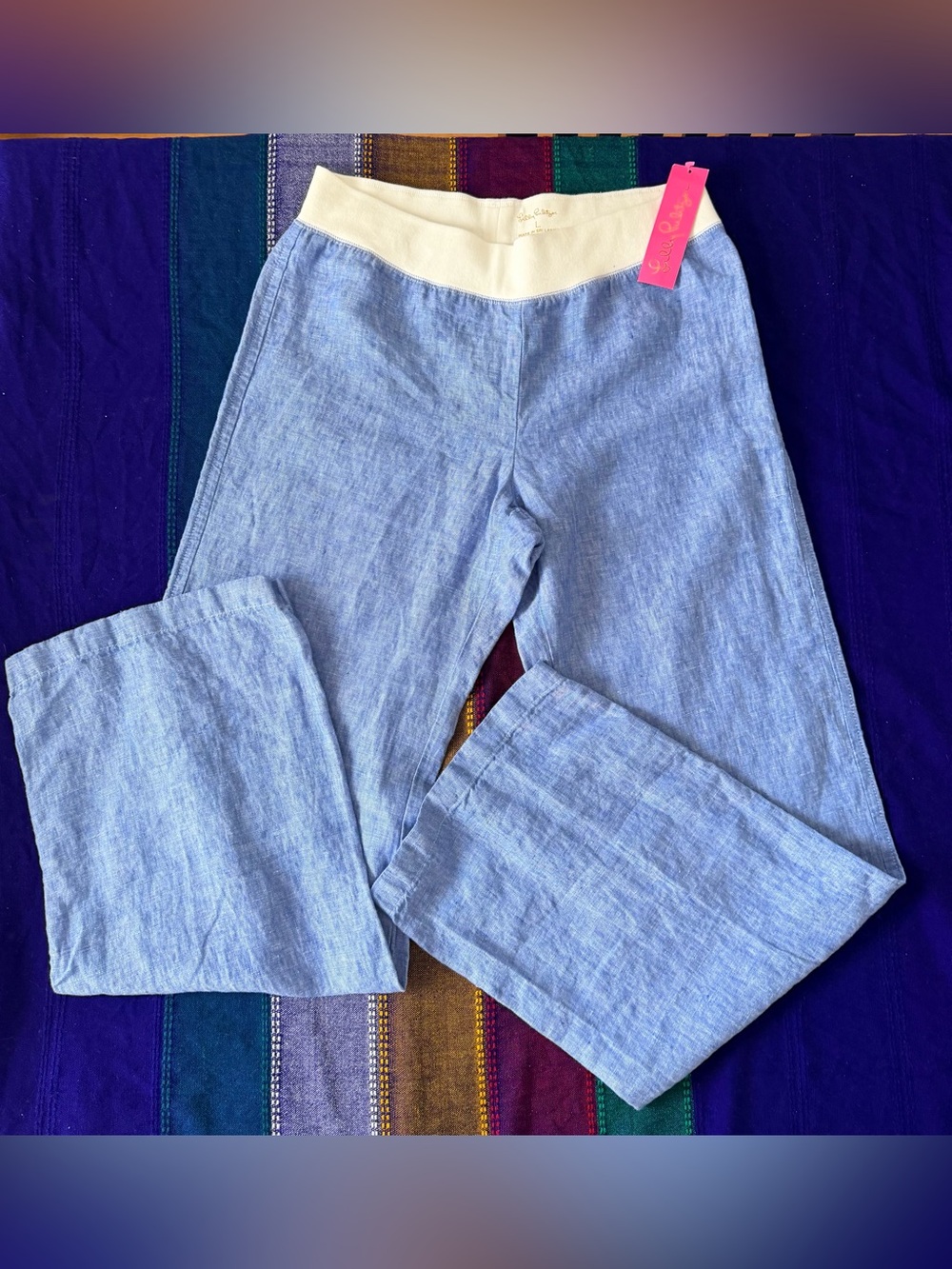 Lilly Pulitzer Light Blue full length Linen Blend Pants with Cream Waistband